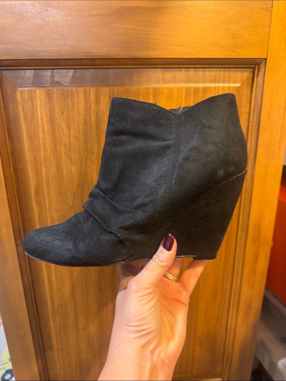 Fergalicious Black Suede Wedge Ankle Bootie